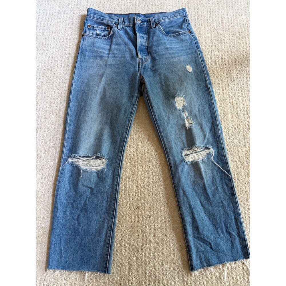 Levi's 501 Premium Jeans Womens 27 Blue Distressed Raw Hem Straight